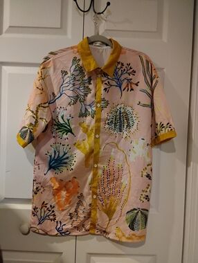 Floral Print Button-Up Shirt in Pale Pink & Mustard Trim